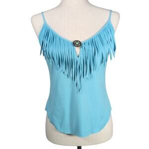 Bebe Blue Turquoise Fringe Tassel Western Cowgirl Faux Suede Boho Tank Top Cami